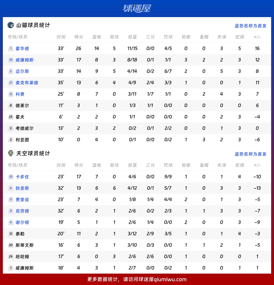 山猫vs天空球员数据