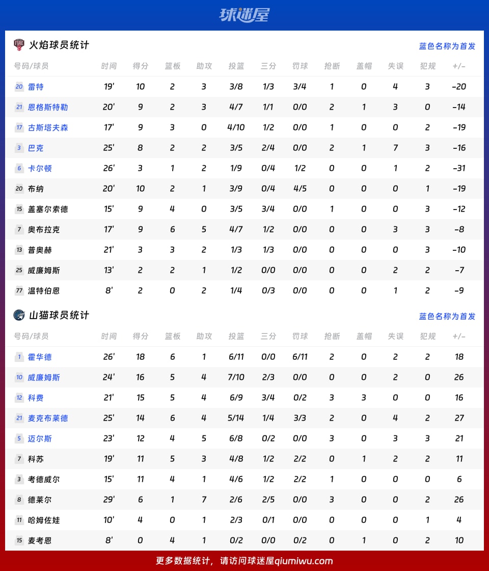 火焰vs山猫球员数据